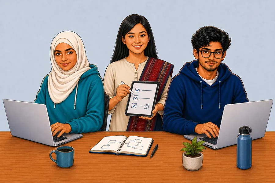 A Chakma woman holds a QA checklist tablet between two teammates at laptops, all three smiling toward you.